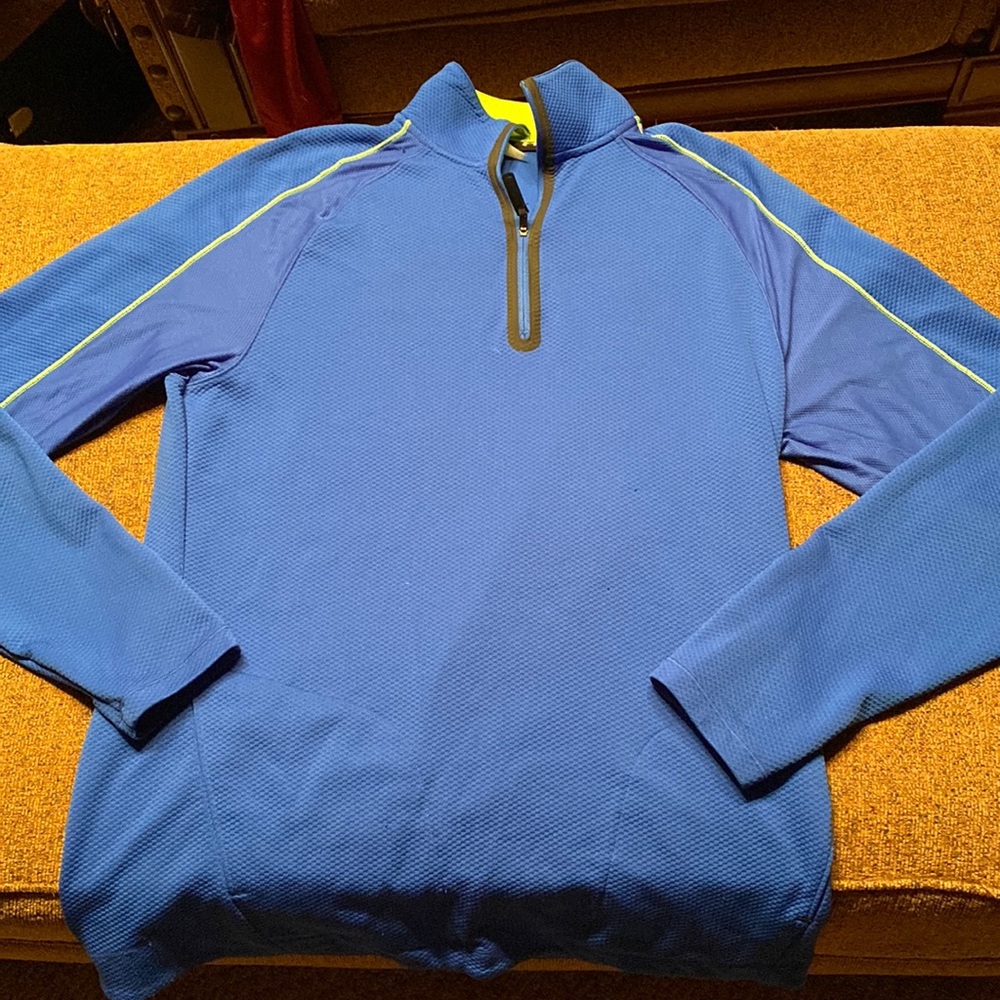 Mens size Medium, Under Armour blue lime green stripe 1/4 zip long sleeve top